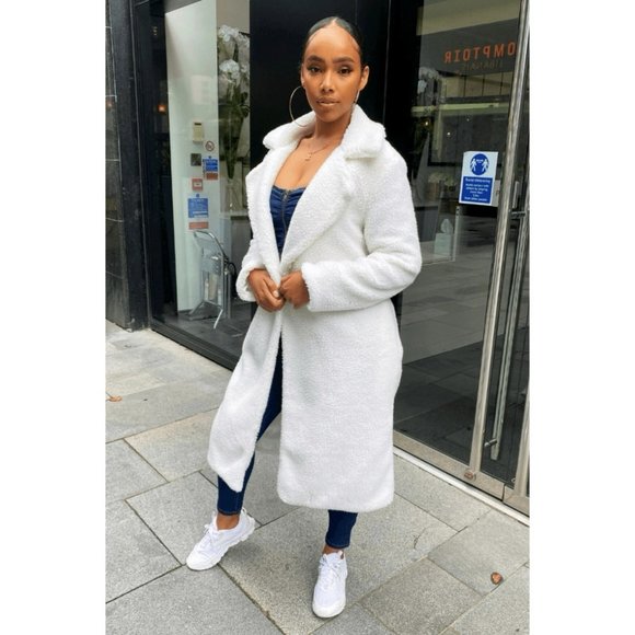 White Long Sleeve Double Breasted Loose Fit Long Maxi Teddy Bear Fur Coat - Picture 5 of 16